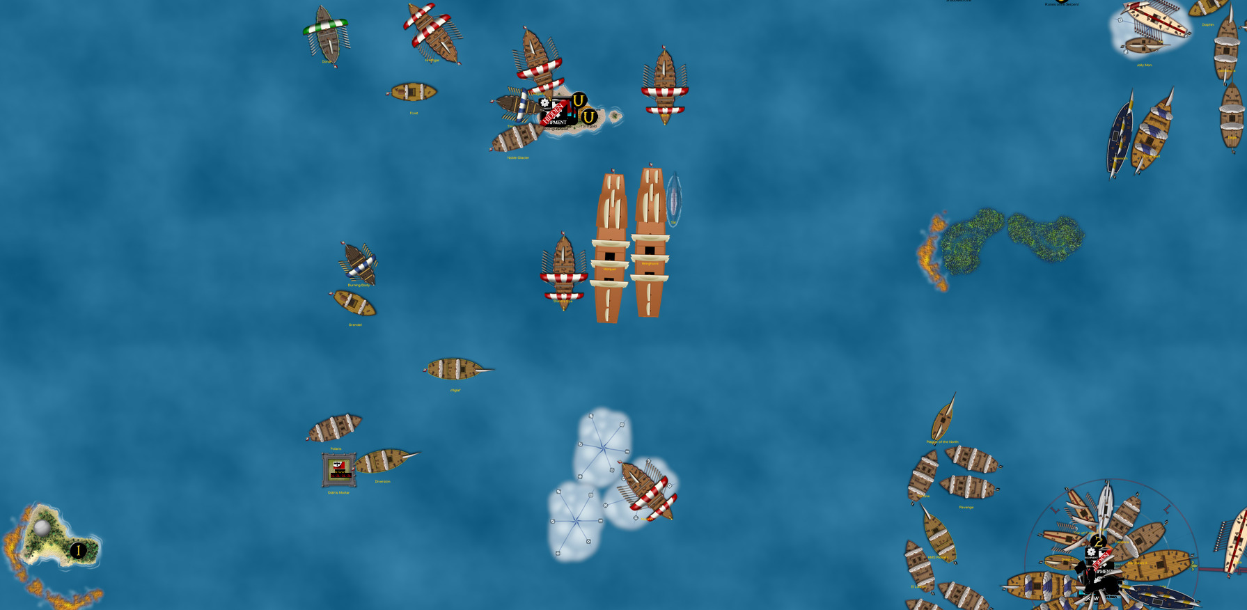 This picture shows most of the Viking ship movements.  Their recently launched warships are headed south towards a fog cluster, where the Muninn attempts to spy on Pirate movements to the east.  Some of their "lumber squadron" has broken off from their usual trade route to join up with the main force, as the Vikings anticipate needing all the ships they can spare in a possible battle with the Pirates - which they anticipate could be coming soon.  Even some resource runners are turning east, simply to beef up numbers and provide support as tugboats or block ships.  There is little need to run the lumber trade, with Hidden Troves providing a steady supply of gold from which to fund the fleet.