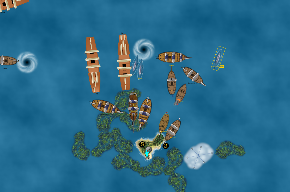 Conglomerate submarine Hylian Loach being forced out of a fog bank by Baron Kriminel, a powerful Cursed loa crew