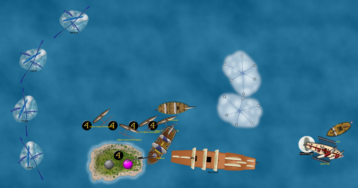The hoist ship Insidious uses the Artifacts of the Lost UT to fog hop to the Conglomerate food island. With a favorable exit roll, she's able to use her hoist arm to explore the island for The Cursed! Making matters worse for the Conglomerate, she carries both gold coins and fort upgrade tokens... and those Portuguese canoes are likely as good as gone by the end of this turn....