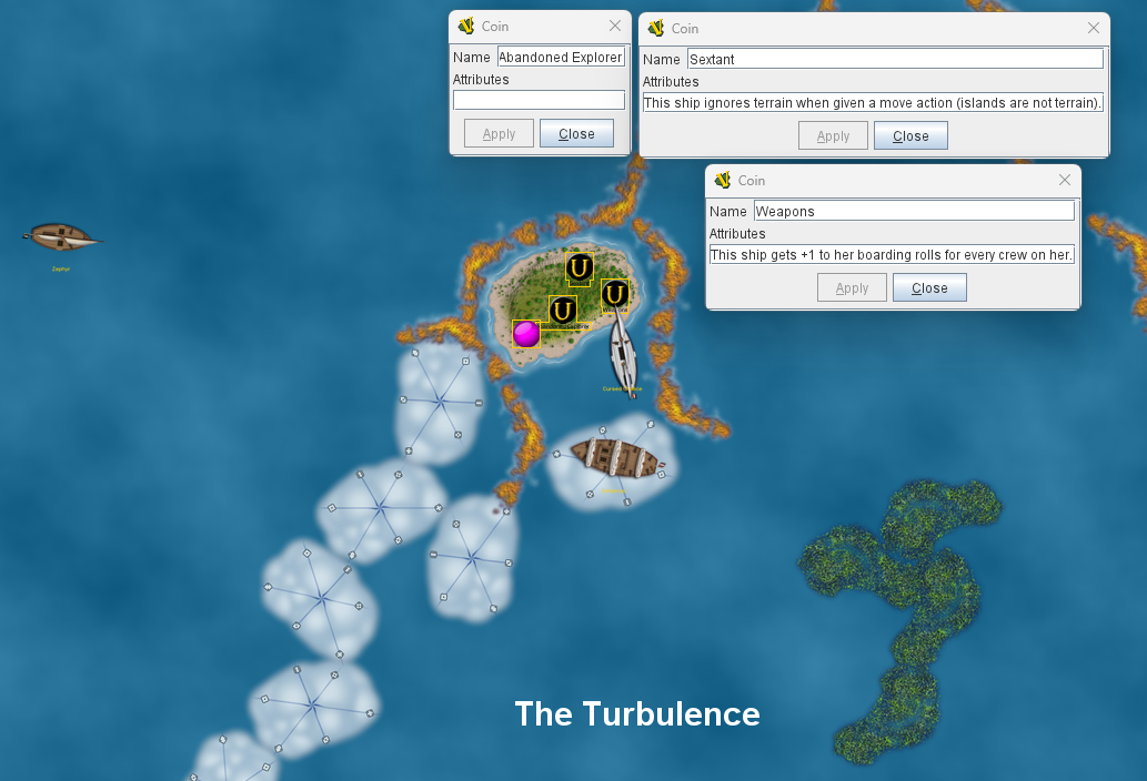 The Cursed Chalice fog hopped into the The Turbulence, the terrain-heavy southeast corner of the map. She emerged, didn't take damage from a reef, and explored the island! She loaded the Weapons and Sextant UT's but didn't have room for the Abandoned Explorer. The Pirate ship Zephyr was heading to explore the island; although the Cursed and Pirates are allies now, they haven't coordinated perfectly on all of each other's plans so it will be interesting to see if this leads to any potential tension in their alliance. However, it's very small potatoes compared to what's going on in the game overall. The other ship in the picture is the 3 masted fog hopper Cerberus, who is likely to fog hop this turn as well, but to a much less dormant location....